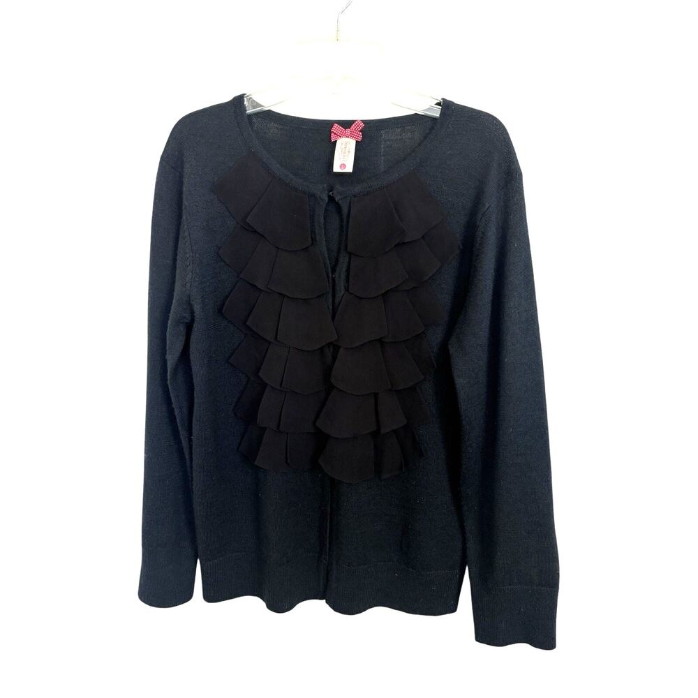 Black Ruffle Front Wool Blend Cardigan Sweater L Whimsigoth Preppy Y2K Layering